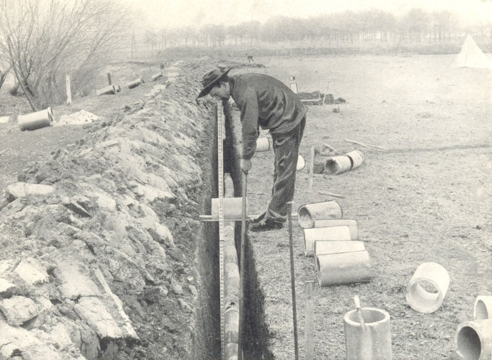 FARM DRAINAGE. Placing tile with tile-Hook 1912 old antique print picture